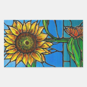 Sonnenblume-und Schmetterlings-Kunst--Buntglasart! Rechteckiger Aufkleber