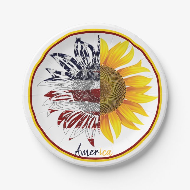 Sonnenblume unter der amerikanischen Flagge Pappteller (Vorderseite)