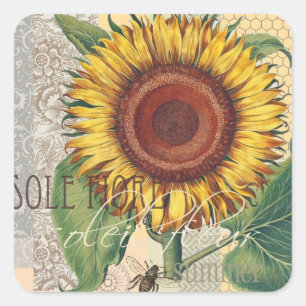 Sonnenblume Vintage Damast Blumenkunst Quadratischer Aufkleber