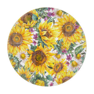 Sonnenblume Vintage: Sommergelbe Blüte. Schneidebrett