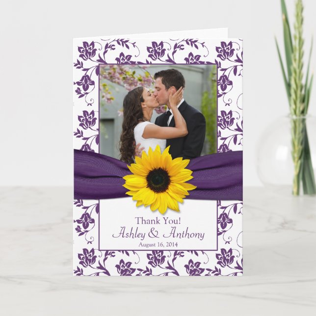 Sonnenblume Violet Damask Hochzeit Danke Karte (Vorderseite)