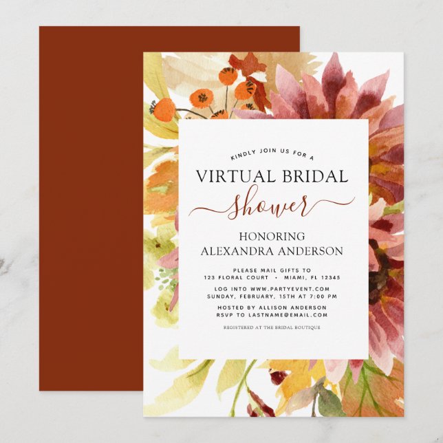 Sonnenblume Virtual Brautparty Burgundy Bloral Einladung (Vorne/Hinten)
