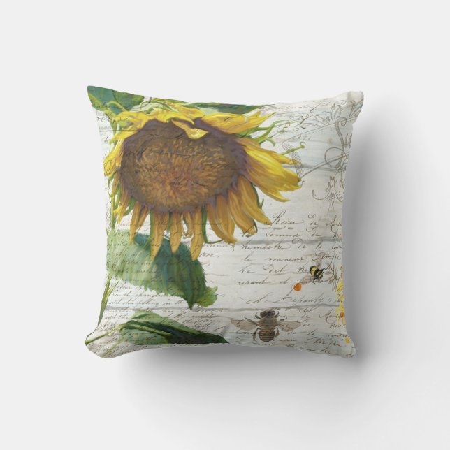 Sonnenblume w Bienen Blumenschrift Rustikales Weiß Kissen (Vorderseite)