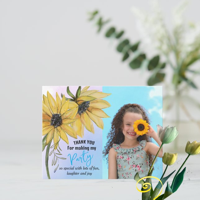 Sonnenblume Wasserfarbe Fünftes Girl Foto Geburtst Dankeskarte (Sunflower Watercolor Fifth Girl Photo Birthday Thank You Card)