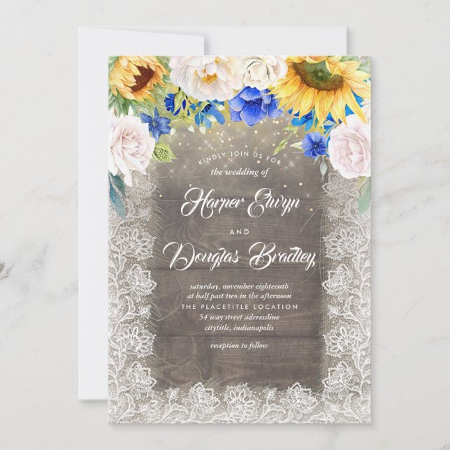 Sonnenblume Weiß und Blau Rustikale Hochzeit im He Einladung (Vorderseite)