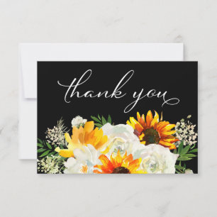 Sonnenblume & Weiße Rose Floral 2 Schwarz Dankeskarte