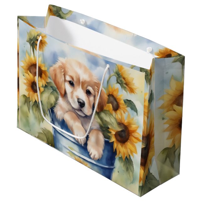 Sonnenblume Welpe Große Geschenktüte (Vorderseite Schrägansicht)