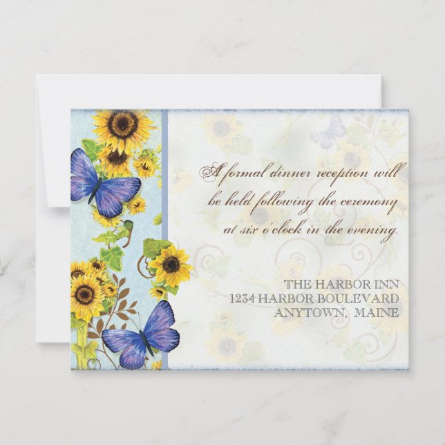 Sonnenblume wirbelnder Blumenrahmen Blauer Schmett Einladung (Vorderseite)