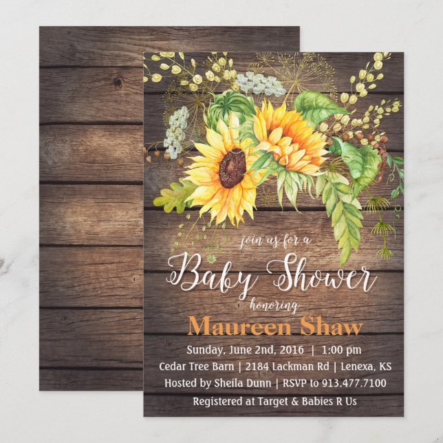 Sonnenblume Wood Baby Dusche Einladung (Vorne/Hinten)