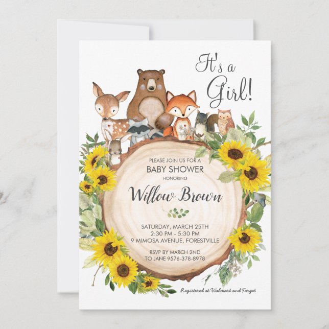 Sonnenblume Woodland Animals Baby Shower Girl Einladung (Vorderseite)