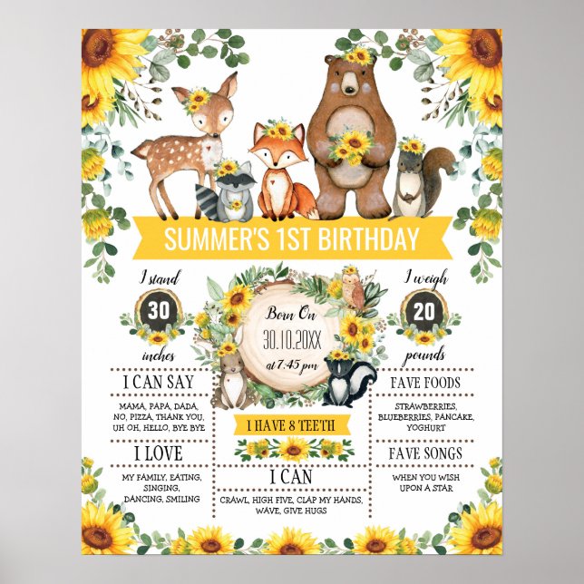 Sonnenblume Woodland Tiere 1 Geburtstag Meilenstei Poster (Vorne)