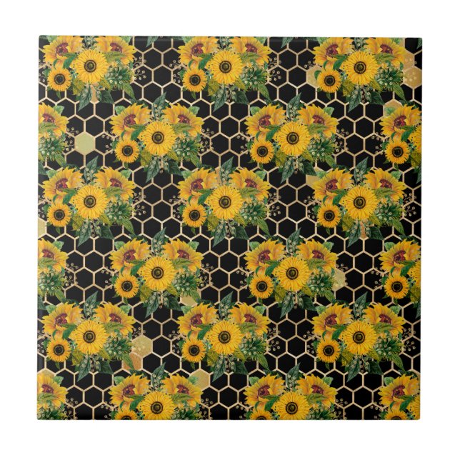 Sonnenblume Yellow Bouquet Honeycomb Black Fliese (Vorderseite)