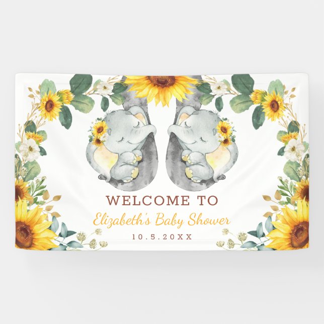 Sonnenblume Zwei Elefanten Babies Dusche Hintergru Banner (Horizontal)