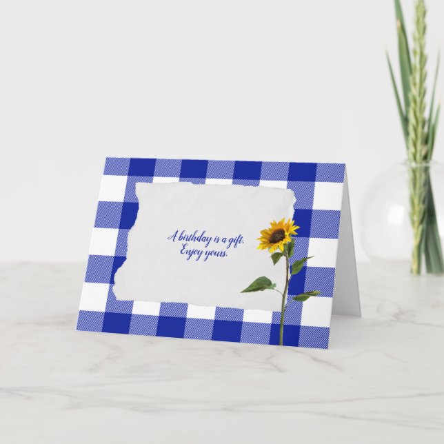 Sonnenblumen am blauen und weißen Büffel karierter Karte (Vorderseite)