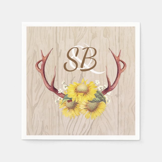 Sonnenblumen Antlers Rustikales Holz Hochzeit Serviette (Vorderseite)