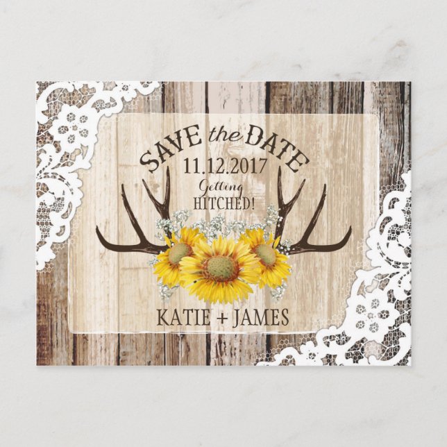 Sonnenblumen Antlers Wood Lace Rustikal Save the D Ankündigungspostkarte (Vorderseite)