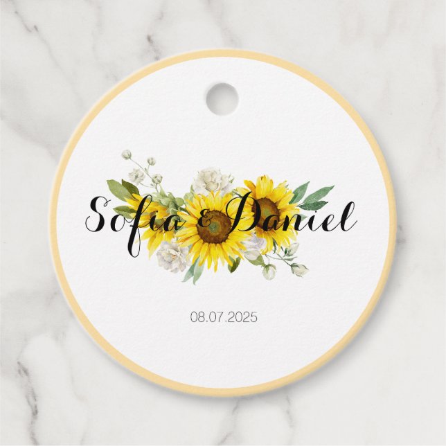 Sonnenblumen Aquarell weiße Rose Hochzeit Geschenkanhänger (Vorderseite)