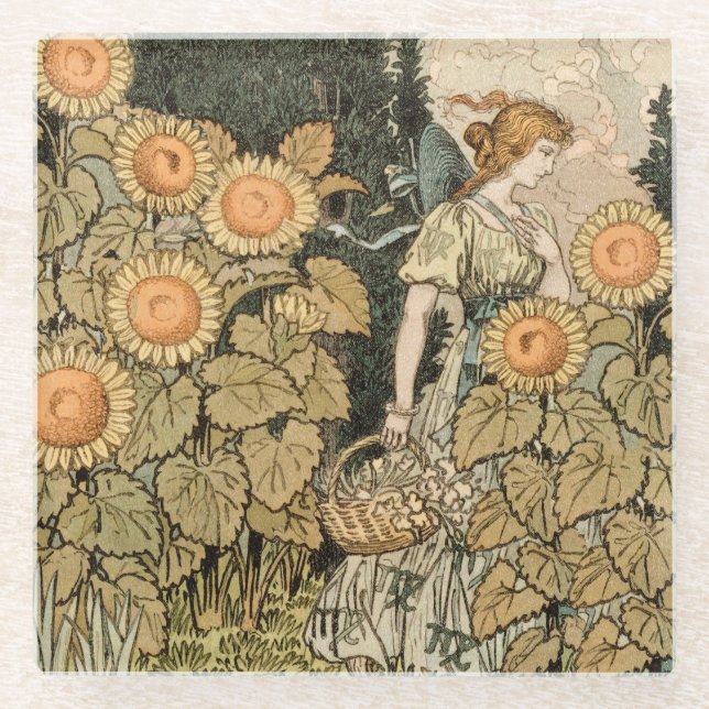 Sonnenblumen Art Nouveau Garden Glasuntersetzer (Vorderseite)