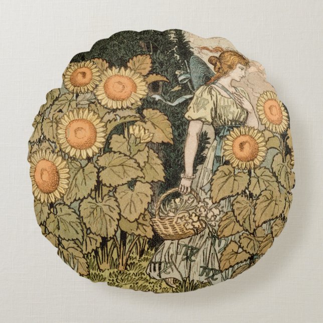 Sonnenblumen Art Nouveau Garden Rundes Kissen (Vorderseite)