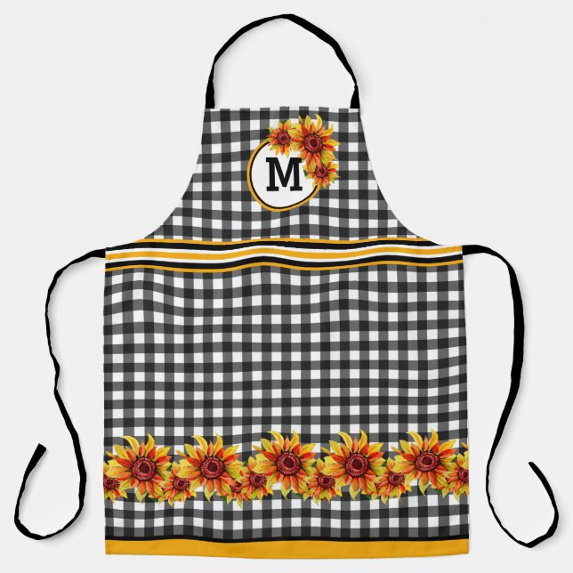 Sonnenblumen auf Black Gingham Mit Monogramm Schürze (Vorderseite)