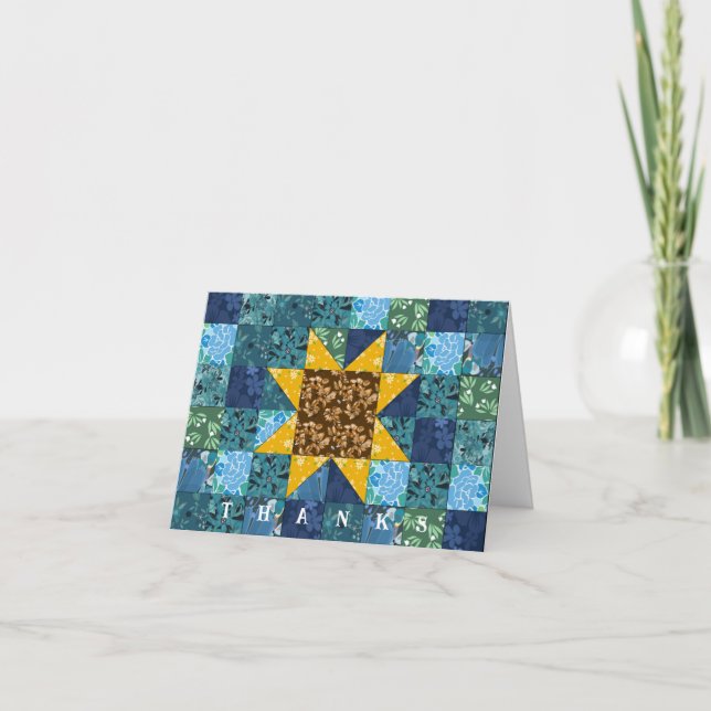 Sonnenblumen auf Blue Americana Patchwork Quilt Dankeskarte (Vorderseite)