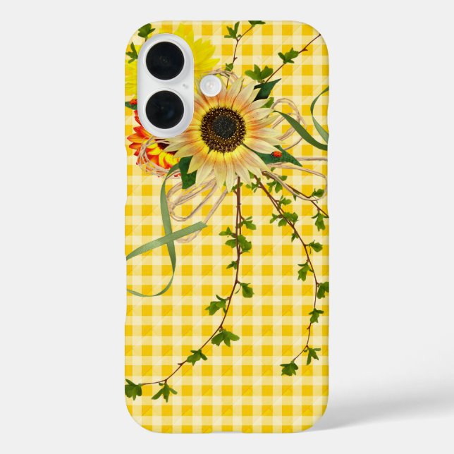 Sonnenblumen auf dem Gelben Gingham iPhone 16 Hülle (Rückseite)