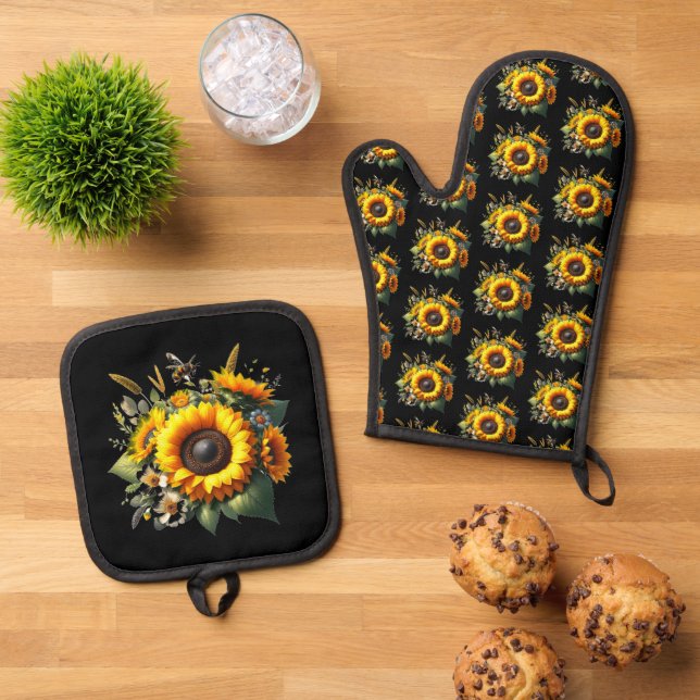 Sonnenblumen auf dem Mitt aus schwarzem Ofen und d Ofenhandschuh & Topflappen-Set (Oben Unten)