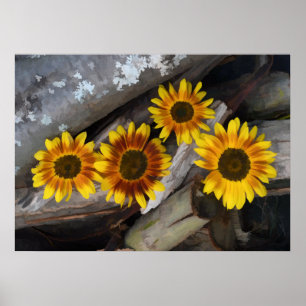 Sonnenblumen auf den Baumkronen Braun Gelb Vintage Poster