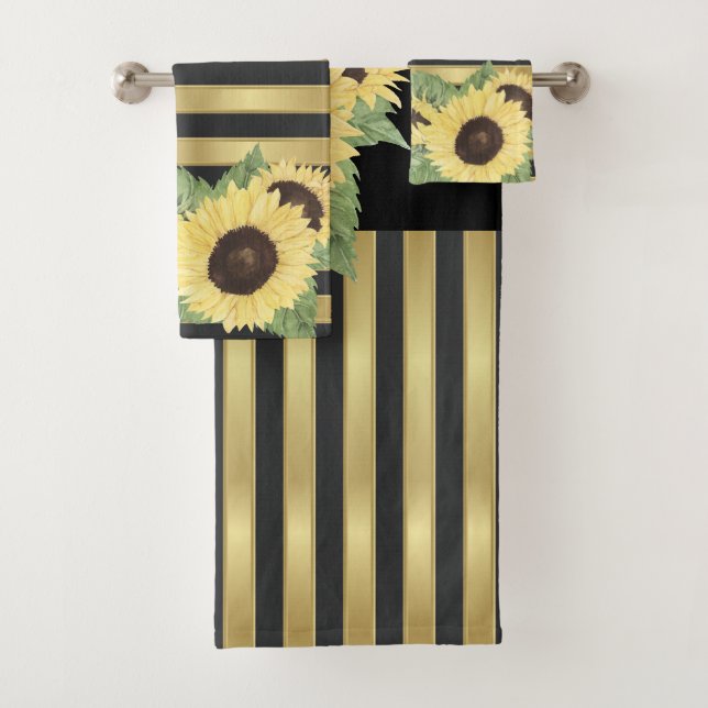 Sonnenblumen auf goldschwarzen Streifen Badhandtuch Set (Insitu)
