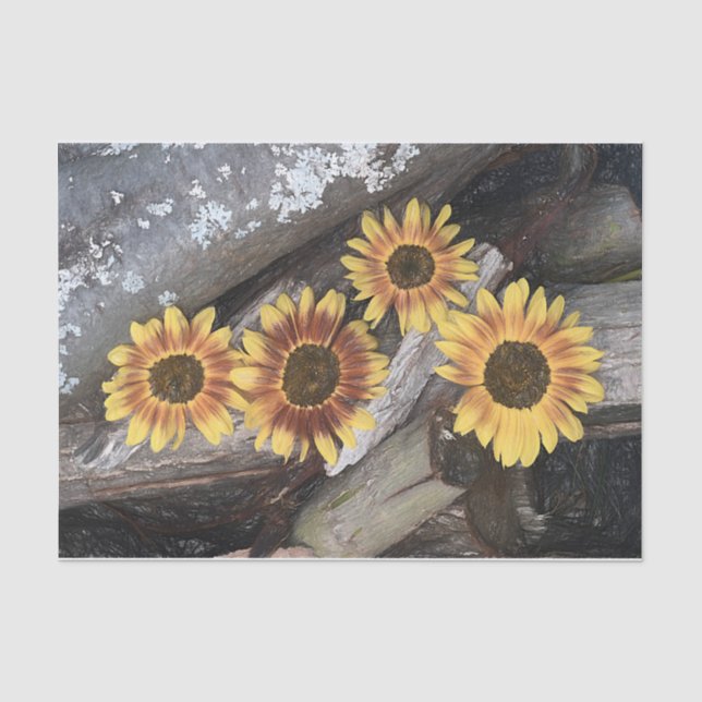 Sonnenblumen auf Logs gelb Vintag rustikal Seidenpapier (Vorderseite)