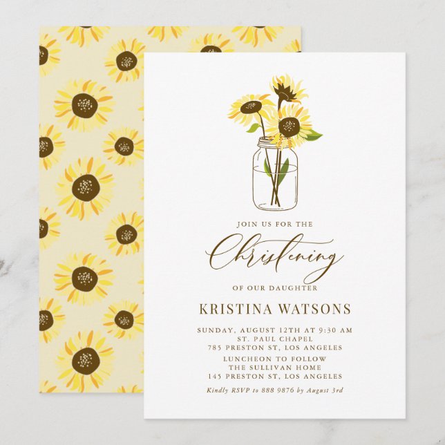 Sonnenblumen auf Mason Jar Sommer Christening Einladung (Vorne/Hinten)