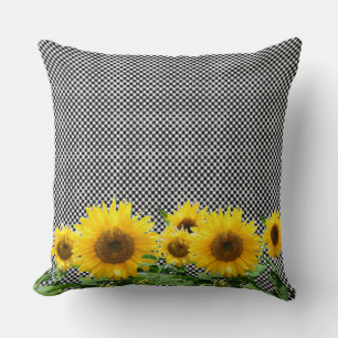 Sonnenblumen auf schwarz-weißem Schachmuster Kissen