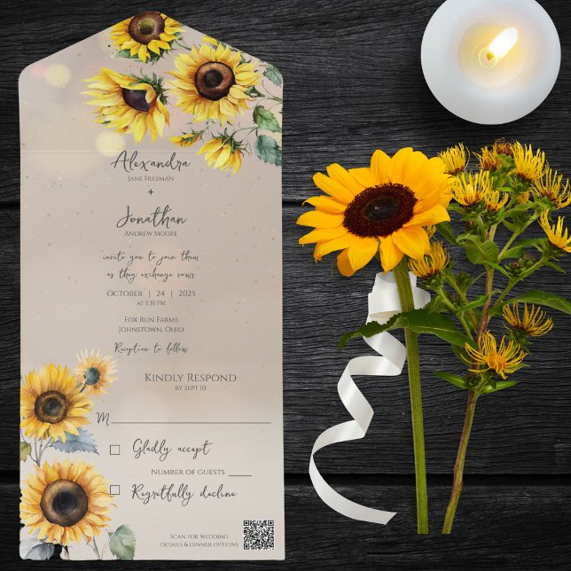 Sonnenblumen auf Taupe mit Lichteffekten QR Code All In One Einladung (Von Creator hochgeladen)