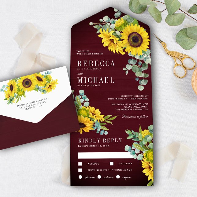 Sonnenblumen aus Burgund und Eukalyptus Wedding All In One Einladung (Von Creator hochgeladen)