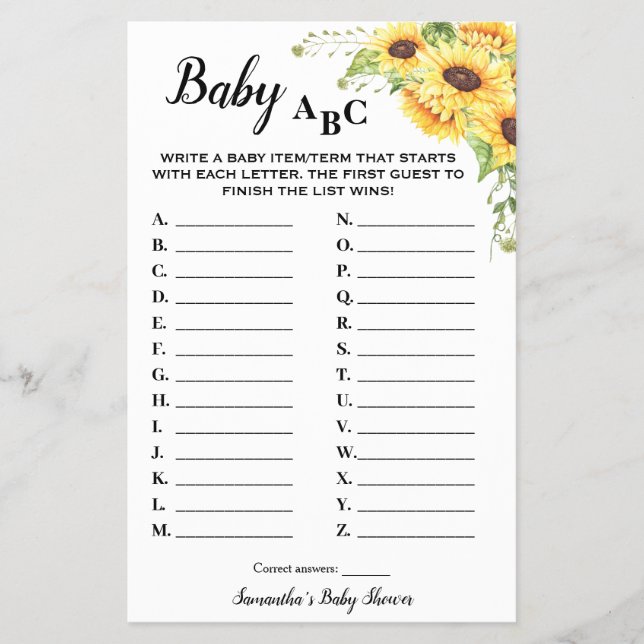 Sonnenblumen Baby ABC Baby Duschkarte Flyer (Vorne)