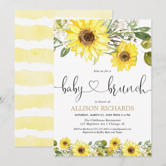 Sonnenblumen Baby Brunch Grün Weiß Blumen Einladung (Vorne/Hinten)