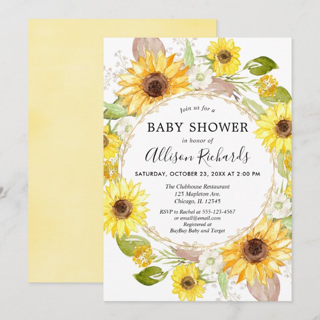 Sonnenblumen Baby Dusche Einladungen Aquarell (Vorne/Hinten)