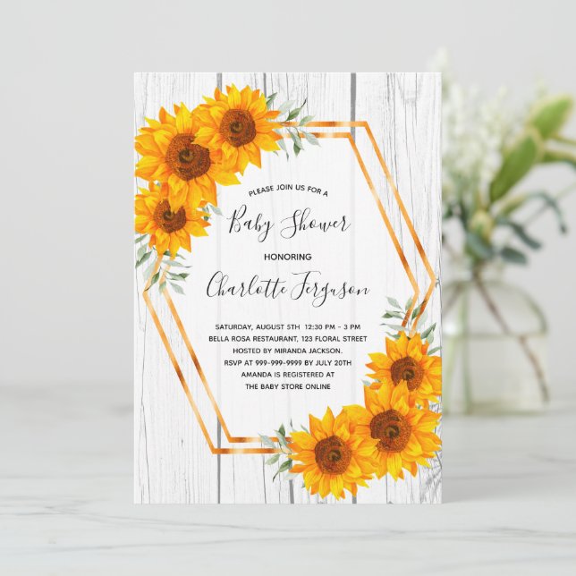 Sonnenblumen Baby Dusche rustikal Gold geometrisch Einladung (Stehend Vorderseite)