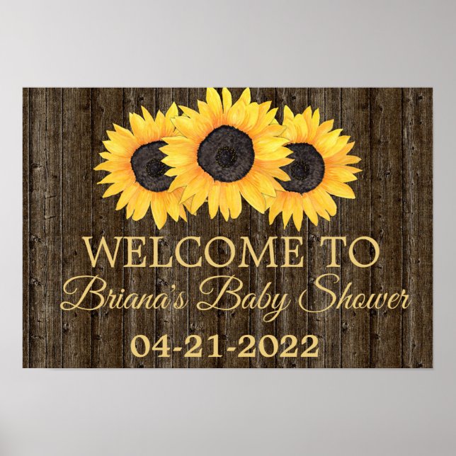 Sonnenblumen Baby Dusche Rustikales Holz Begrüßung Poster (Vorne)