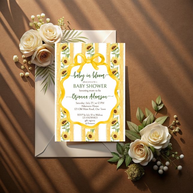 Sonnenblumen Baby in blühender Babydusche Einladung (Sunflowers baby in bloom retro stripes wavy bow border baby shower invitation cards template)