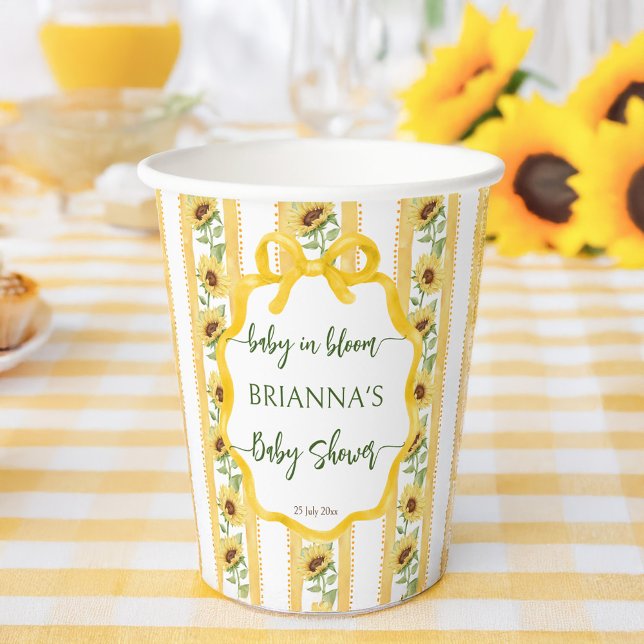 Sonnenblumen Baby in blühender Babydusche mit Mono Pappbecher (Sunflowers baby in bloom baby shower monogrammed paper cups retro stripes personalized table decor)