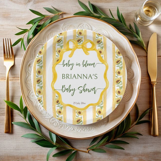 Sonnenblumen Baby in blühender Babydusche mit Mono Pappteller (Sunflowers baby in bloom baby shower monogrammed paper plates retro yellow stripes bow wavy border)