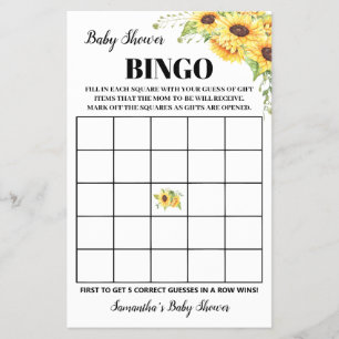 Sonnenblumen Baby Shower Bingo Game Card Flyer