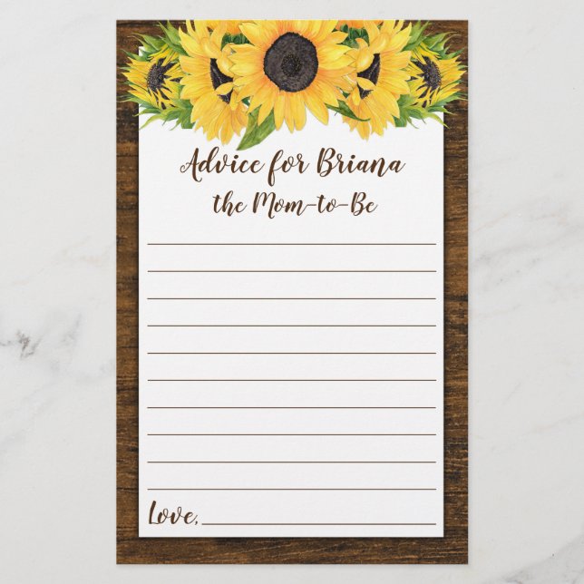 Sonnenblumen Baby Shower Games Advisor und Wünsche (Vorderseite)