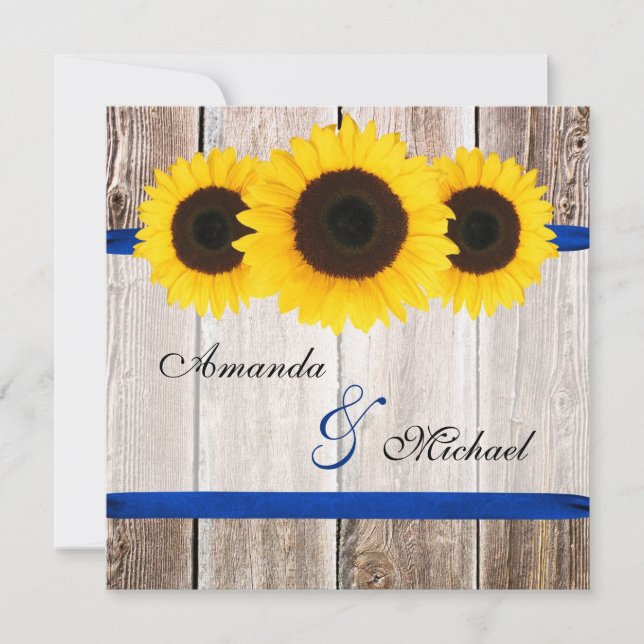 Sonnenblumen-Barn-Holz Blauer Ribbon Hochzeit Einladung (Vorderseite)