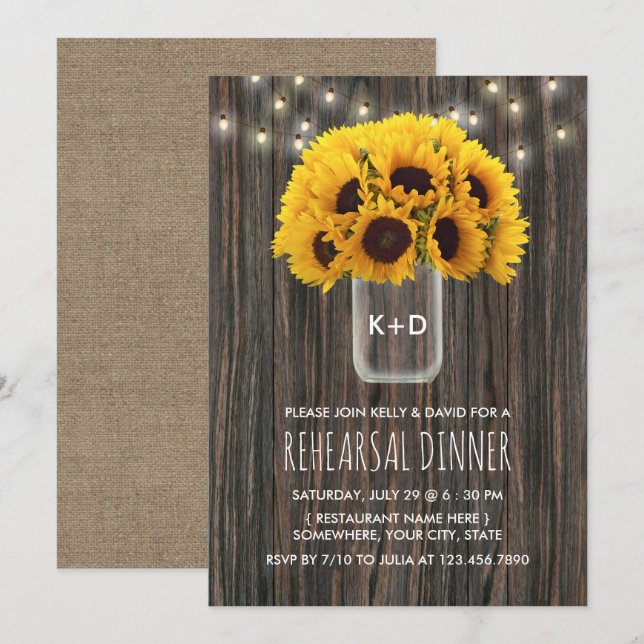 Sonnenblumen Barn Wood Hochzeit Probe Abendessen Einladung (Vorne/Hinten)