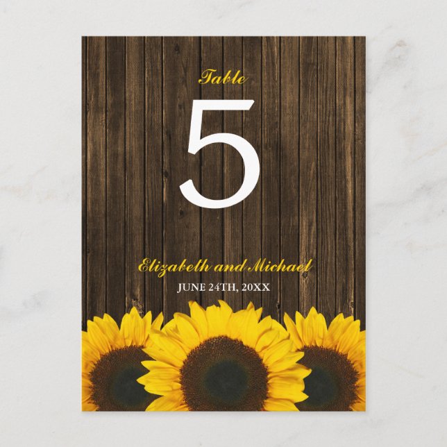 Sonnenblumen-Barn-Wood-Hochzeit-Tischnummer Postkarte (Vorderseite)