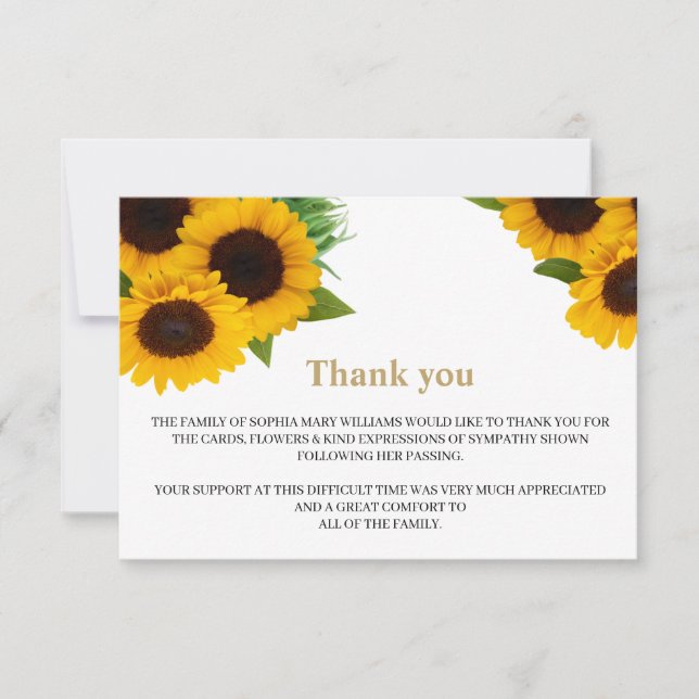 Sonnenblumen Beileid Beerdigung Danke, Hinweis Dankeskarte (Vorderseite)
