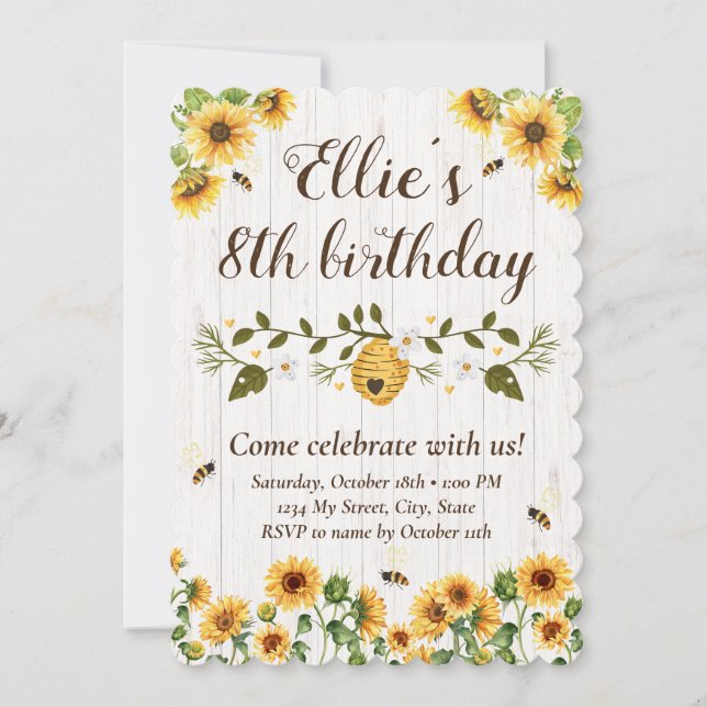 Sonnenblumen & Biene Einladung zum Geburtstag (Vorderseite)