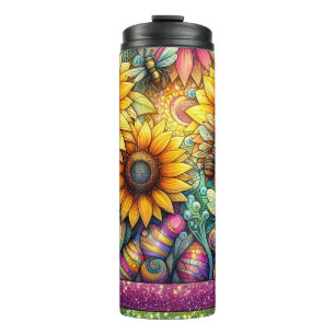 Sonnenblumen-Bienen blühen, Boho-Garten Thermosbecher